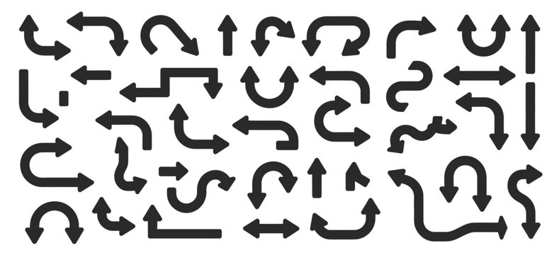 Assortment of curved and winding black arrow icons and symbols for direction, vector