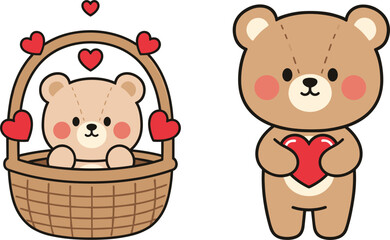 Cute Cartoon Bear with Heart Basket and Holding Heart-Shaped Love Symbol in Adorable Valentine's Day Design © Manna