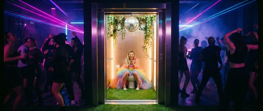 Woman in rainbow tulle dress sitting on toilet in glass booth at nightclub while people dance with lasers and disco ball