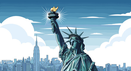 The Statue of Liberty stands tall against a backdrop of the New York City skyline under a bright blue sky with fluffy clouds. © Naruto