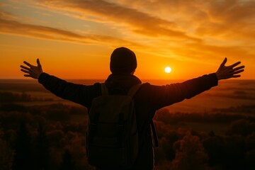 Fototapeta premium Silhouette of a person enjoying sunset view. Scenic landscape inspires peace and tranquility. Outdoor adventure concept captures freedom and connection with nature. Perfect for travel.