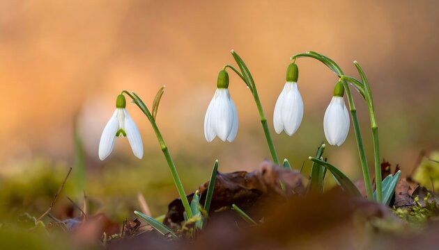 Five delicate white snowdrop flowers stand in focus against a blurred golden background
