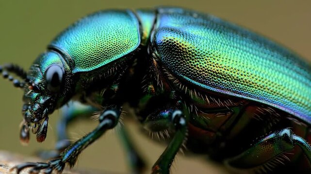 Close up of iridescent green beetle with detailed exoskeleton.