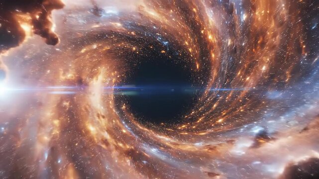 Bright flashes of light surround swirling black hole in deep space. Cosmic setting shows vibrant colors and starry background. Concept of space exploration, astronomy, science