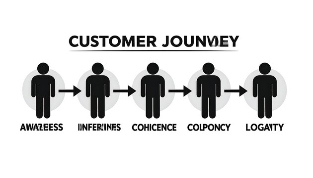 Five figures in a row, illustrating customer journey stages with arrows connecting them