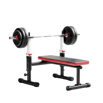 A weight bench with a barbell and weight plates, ready for a workout