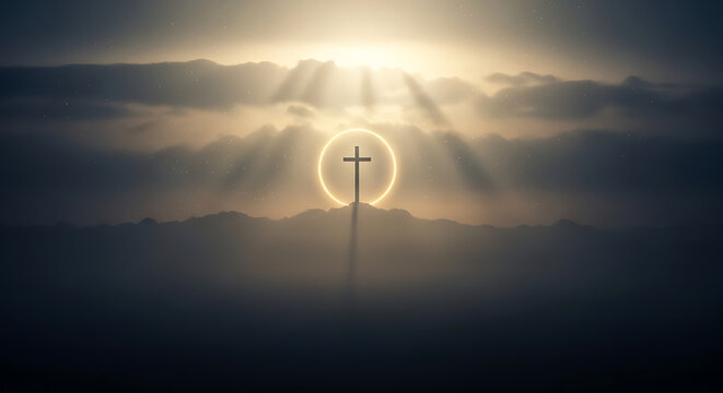 Majestic Christian cross silhouetted against a radiant halo of divine light piercing through dramatic dark clouds