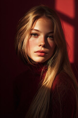 Fototapeta premium portrait of a blonde girl with burgundy background, professional studio portrait of a young woman, closeup headshot of a blonde female model