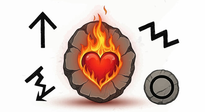 Mystical burning heart on stone tablet, ancient rune symbols and magical fire heart illustration, fantasy game asset icons on white background