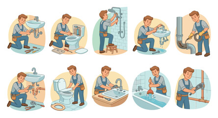 Fototapeta premium A collection of cartoon illustrations showing a male plumber performing various repair and maintenance tasks on plumbing fixtures in a bathroom and kitchen setting.