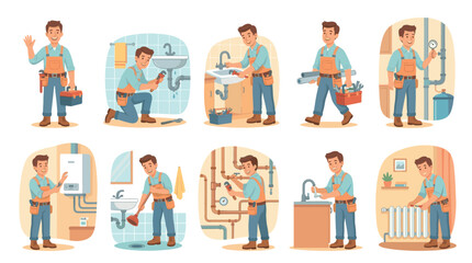 Fototapeta premium A set of ten cartoon illustrations showcasing a friendly male plumber in overalls engaged in diverse plumbing repair and maintenance activities.