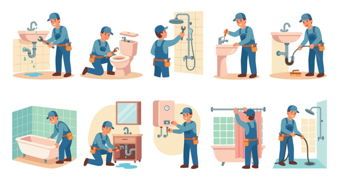 A cheerful cartoon plumber in blue overalls and a cap is shown performing various plumbing tasks in different bathroom and kitchen settings, including fixing sinks, toilets, showers, and bathtubs.