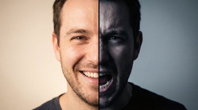 Conceptual split portrait of a man showing bipolar disorder with smiling and screaming face expressions.