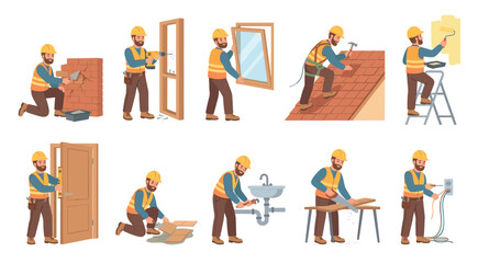 Fototapeta premium This illustration depicts a construction worker performing various building and renovation tasks including bricklaying, drilling, window installation, roofing, painting, electrical work, sanding,