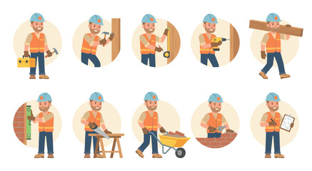 Fototapeta premium A cheerful male construction worker in a hard hat and safety vest performs various building tasks, including hammering, measuring, drilling, carrying wood, and laying bricks.