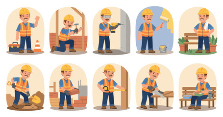 Fototapeta premium A cheerful construction worker performs various tasks like building, painting, digging, and taking a break, depicted as flat design illustrations in individual rounded frames.