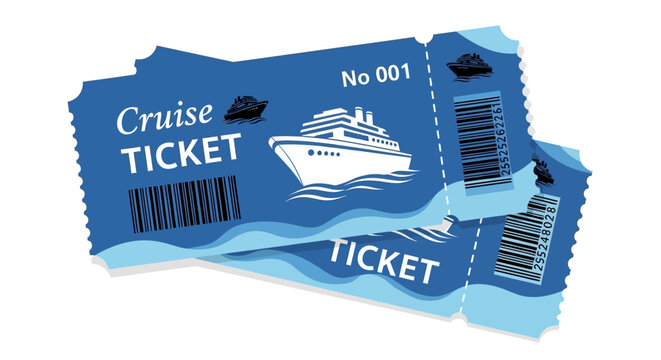 Torn cruise tickets with barcode and ship illustration on blue background