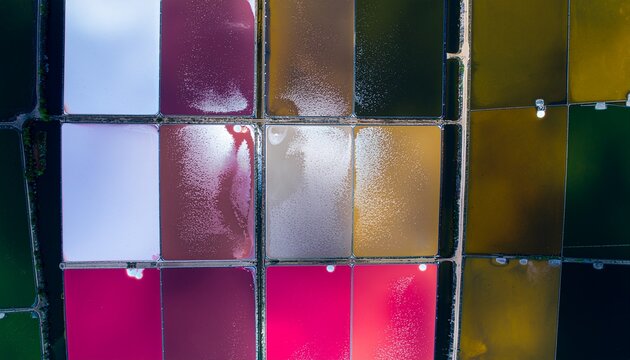 Aerial top-down drone view of a colorful salt evaporation pond complex in an arid coastal region, displaying a vivid grid of rectangular ponds in vivid shades of crimson, magenta, pink, white, golden 