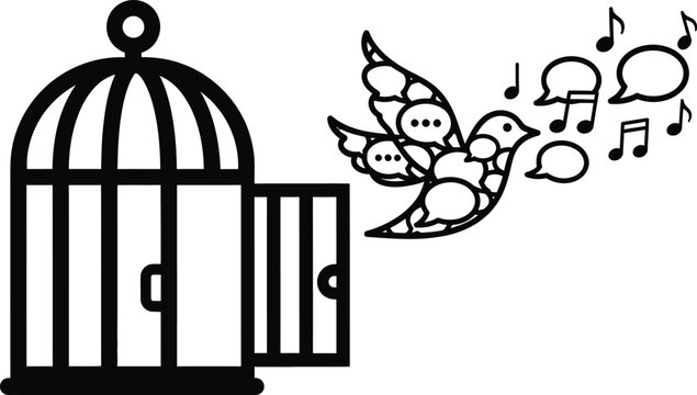 birds flying out of cage with music notes