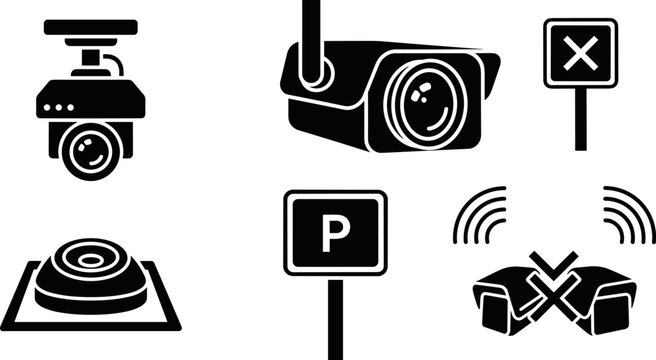 Vector Security Camera and Parking Sign Icon Set Featuring Surveillance Equipment Dome Cameras and Monitoring Symbols for Urban Safety and Public Protection Graphics
