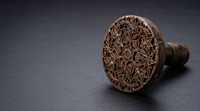 Vintage copper batik stamp on a minimalist dark slate background with ample copy space