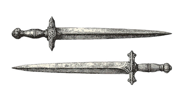 Detailed illustration showcases two stylized daggers with ornate hilts and sharply tapered blades