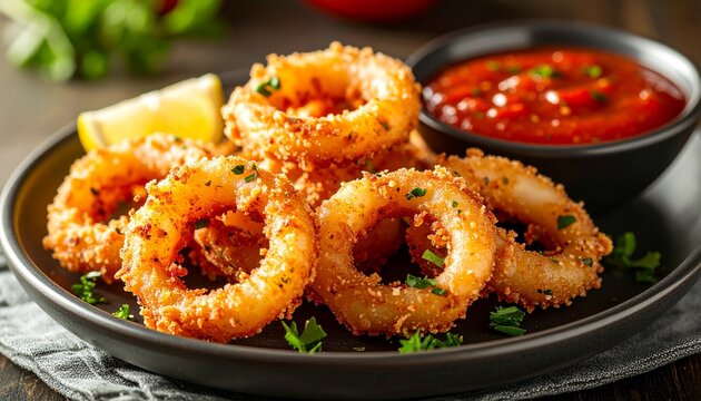 Crispy fried calamari served with marinara sauce on plate
