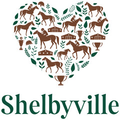 Fototapeta premium Shelbyville Equestrian Heart Illustration Featuring Horse Racing Elements, Jockeys, Stables, and Trophies in a Decorative Foliage Arrangement