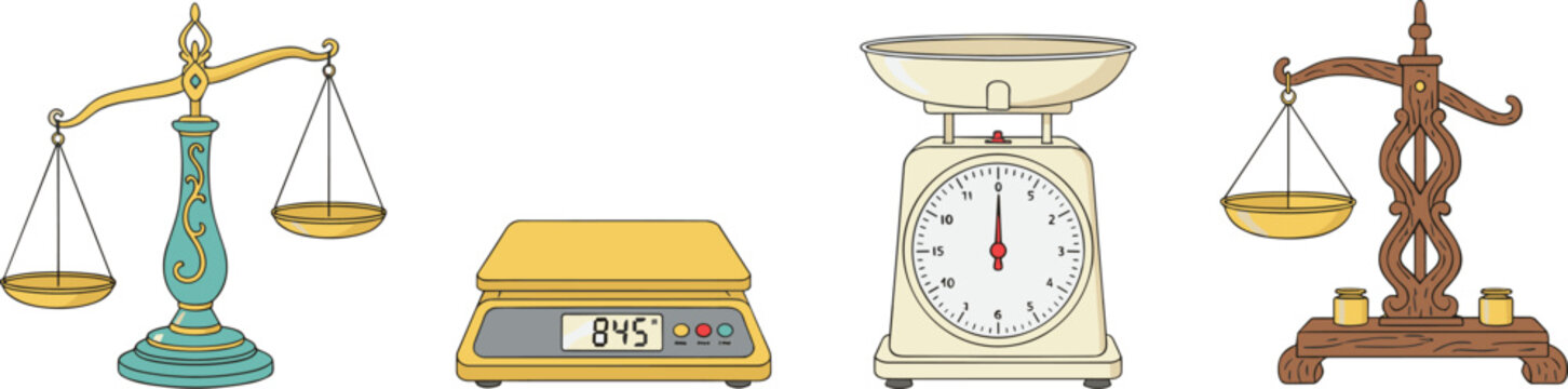 Collection of weight scales featuring vintage brass balance scales modern digital electronic scale and mechanical kitchen scale vector.