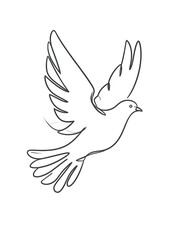 Fototapeta premium A simple, elegant line drawing depicts a dove in mid-flight against a pure white background. The bird's wings are spread
