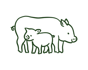 Fototapeta premium Hand-drawn doodle of a mother pig with her small piglet. Minimalist black ink sketch representing farm animals, livestock breeding, and animal care. Isolated on white background.