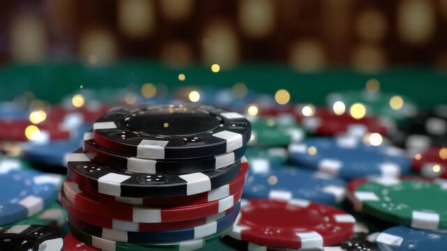 Artistic side perspective of a glowing ring of casino chips surrounding a central deck of cards, shallow depth of field isolating embossed chip details, warm lighting enhancing viv