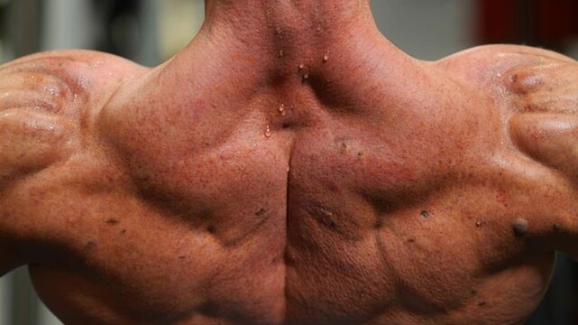 Sweaty Muscular Back of Bodybuilder After Workout, Close-Up of Defined Back Muscles

