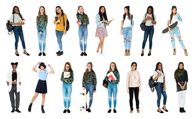 Fototapeta premium Diverse group of stylish students element set isolated on white