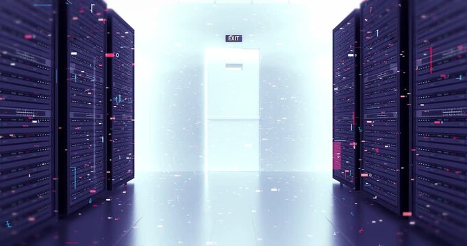 High tech infrastructure with data center servers and glowing circuitry. Technology Related 3D Animation.
