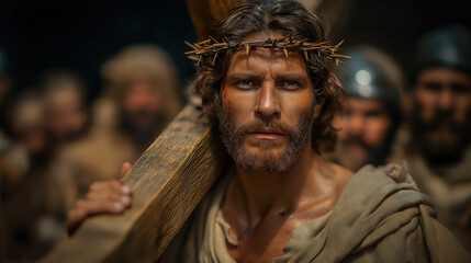 Fototapeta premium Jesus Christ carrying the heavy wooden cross, struggling under its weight, solemn and intense biblical scene, surrounded by a dusty path, conveying suffering, sacrifice, and devotion