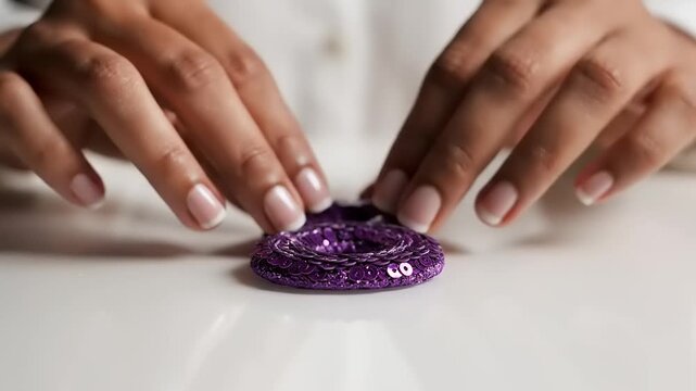 Hands holding purple beaded jewelry closeup.