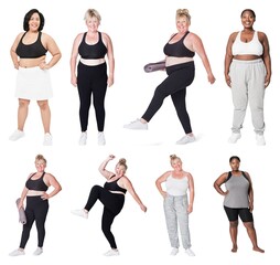 Fototapeta premium Diverse women in activewear element set isolated on white