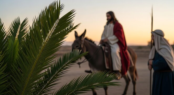 Jesus riding donkey on Palm Sunday, biblical scene of Jesus riding donkey into Jerusalem, cinematic Jesus riding donkey with palm leaves background.