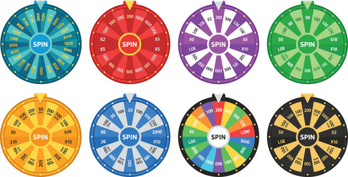 Collection of colorful wheel of fortune icons with spin button and prize segments for game UI and promotional marketing rewards vector.