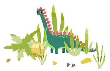 Cute green dinosaur in a prehistoric landscape with pink spikes. Perfect for birthday invitations and baby room wall art. Great for reptile lovers. © Ilona