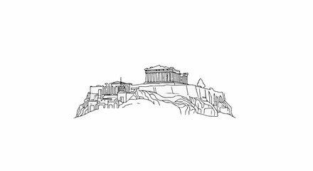 Fototapeta premium Ancient Greek ruins on a hill, rendered in a minimalist line drawing style