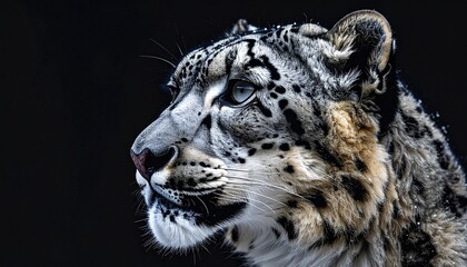 Fototapeta premium Majestic Snow Leopard Profile on Black Background.