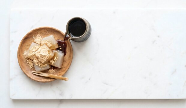 Top view flat lay of traditional Japanese Warabi Mochi dessert with kinako and kuromitsu on white marble