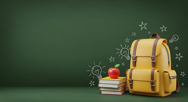 A yellow backpack and school supplies on a green chalkboard background with copy space for back to school themes and advertisements