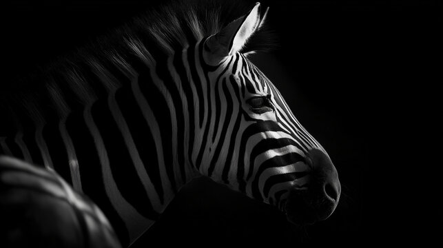 Head of a zebra in black and white on a black background