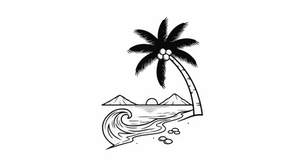 Obraz premium Black and white drawing of a tropical island scene with a palm tree