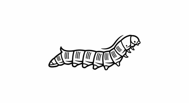 Black and white drawing of a segmented caterpillar with simple facial features