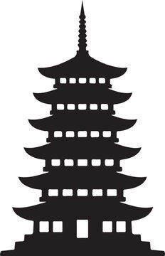 Black Pagoda Silhouette Isolated on White Background