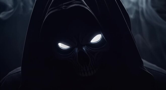 dark hooded figure with glowing eyes amid smoky shadows